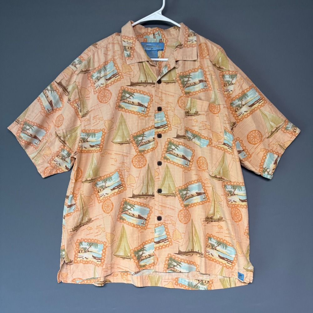 Bermuda Bay Mens XL Silk Hawaiian Shirt Salmon Peach Nautical Print Postcard